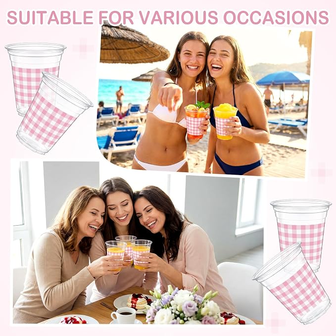 Qinyoung Checkered Plastic Cups 12oz Gingham Party Disposable Cups Bulk Drinking Cup for Cold Drinks Baby Shower Wedding Summer Birthday Party Supplies(Pink and White,50 Pcs)