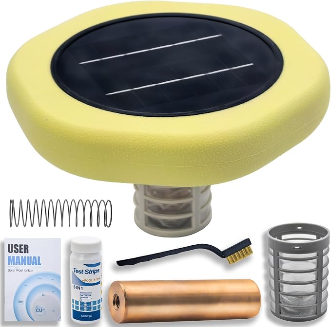 Solar Powered Floating Pool Maintenance Accessory with Replaceable Copper Anode, Durable Outdoor Pool Float for Above Ground, Inground and Saltwater Pools, Complete Accessory Kit Included