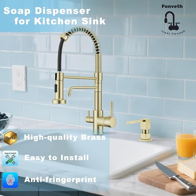 Soap Dispenser Square Built in Sink with 47'' Long Tube, Brushed Champagne Gold Brass Pump Head for Kitchen Sink with 17 oz Bottle