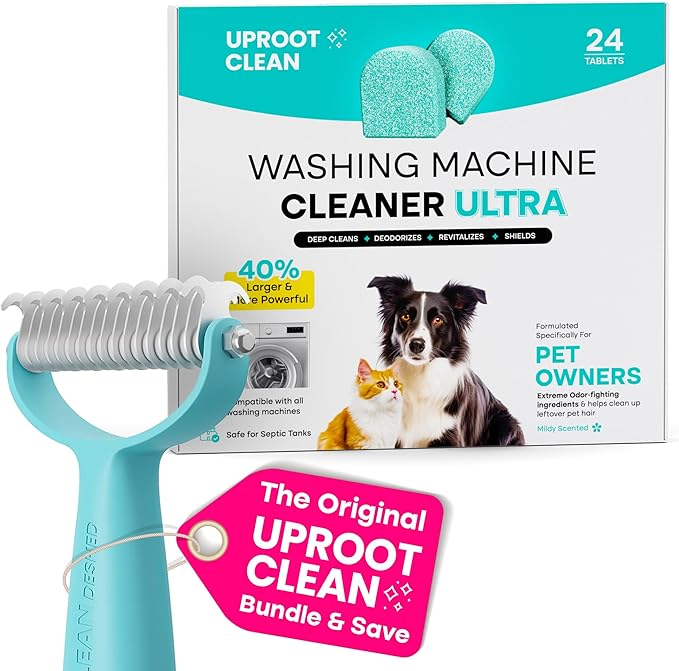 Uproot Clean Washing Machine Cleaner Tablets Ultra & Deshedder Brush Set: 40% Stronger Washer Machine Cleaning Tablets & Cat & Dog Brush for Shedding Set - No Loose Fur - No Messy Clothes