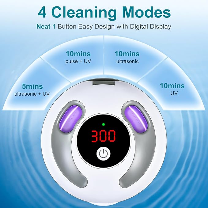 Ultrasonic Retainer Cleaner Machine, 45kHz 200ML Dental Cleaning Pod with 4 Wash Modes, Digital Timer for Denture Cleaner, Aligners, Mouth Guards, Braces, Jewelry & Toothbrush Heads (White)