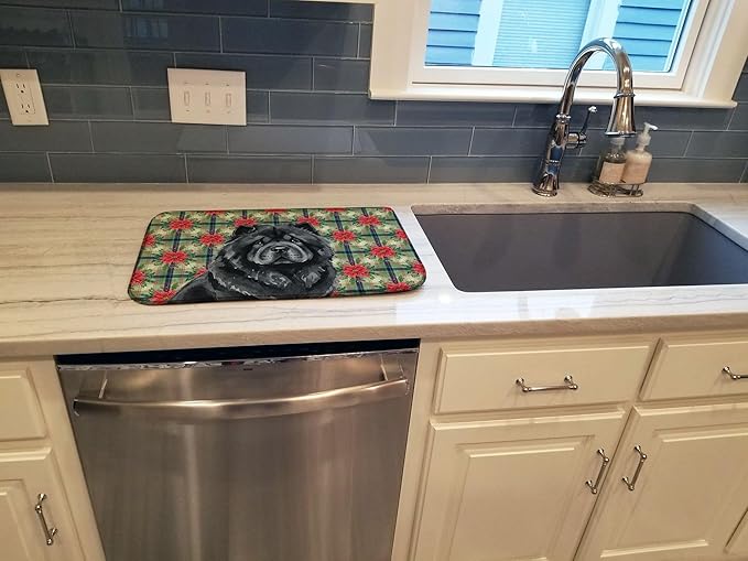 Caroline's Treasures Black Chow Chow Christmas PoinsettIas Dish Drying Mat Absorbent Dish Drying Mat Pad for Kitchen Counter Dish Drainer Mat for Countertop, 14 x 21", Multicolor