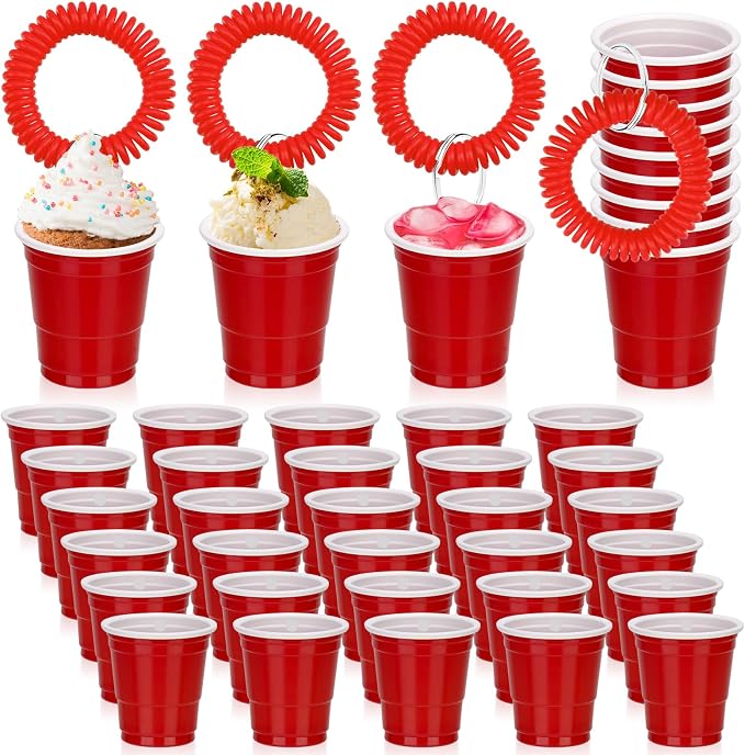 30 Pcs Red Shot Cups with Wristband for Party 2oz Plastic Shot Glasses Bulk Disposable Mini Shot Glasses with Bracelet Wear On Solo Cups for Valentine Carnivals Weddings Party Games Events Supplies