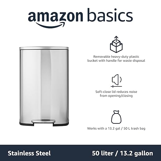 Amazon Basics Smudge Resistant Rectangular Trash Can with Soft-Close Lid, Foot Pedal, Removable Inner Bucket, 50 Liter/13.2 Gallon, Brushed Stainless Steel, Satin Nickel Finish