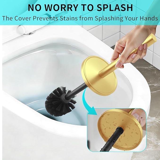 Gold Toilet Brush and Holder Set,304 Stainless Steel Toilet Brush for Bathroom with Long Handle, Heavy Duty Brass Toilet Bowl Brush,Removable Inner Bowl and Splash Protection,Deep Cleaning