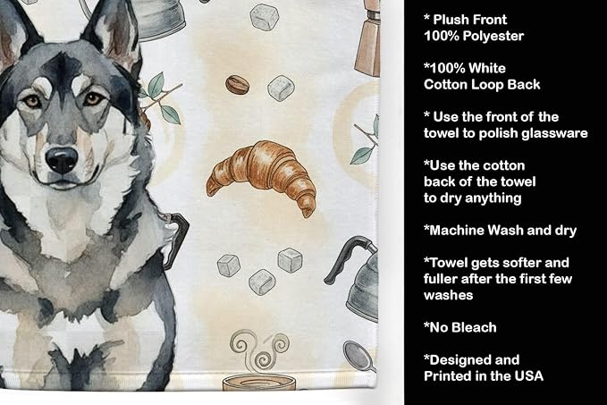 Caroline's Treasures Norwegian Elkhound Coffee Bar Kitchen Towel Velour Plush Front and Cotton Loop Back Machine Washable