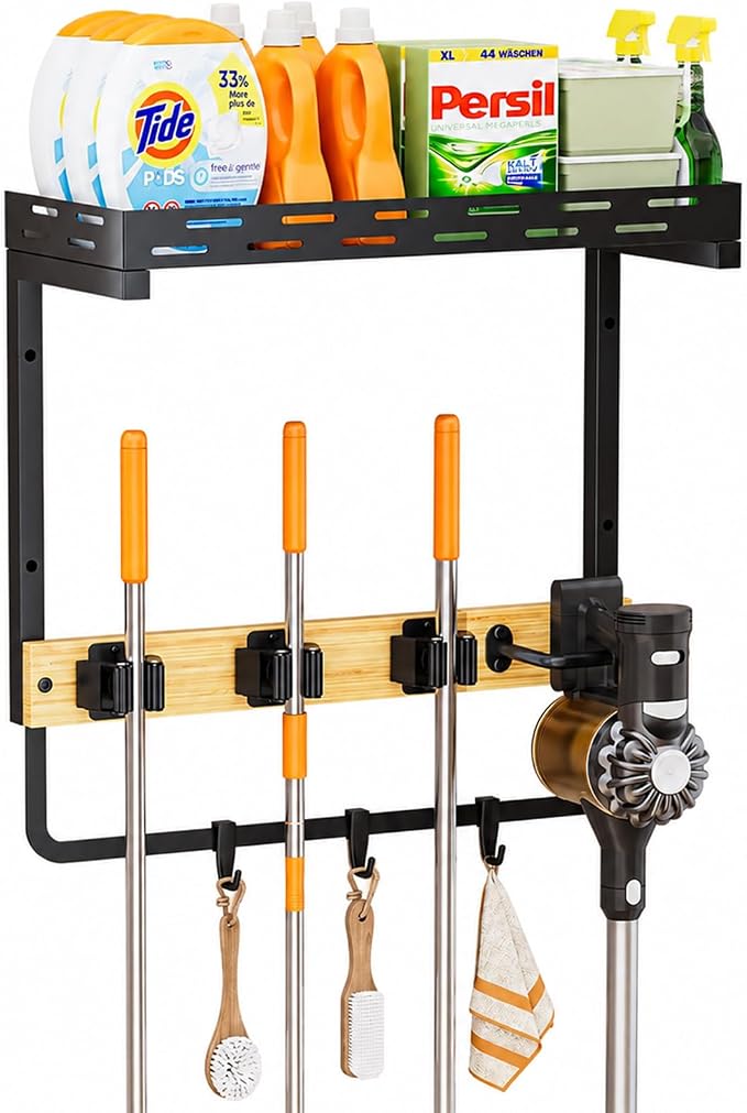 Broom Holder Wall Mount with Shelf, Small Mop Tool Organizer | 3 grippers, 3 hooks, vacuum slot, bamboo board, spray bottle tray, garage utility use