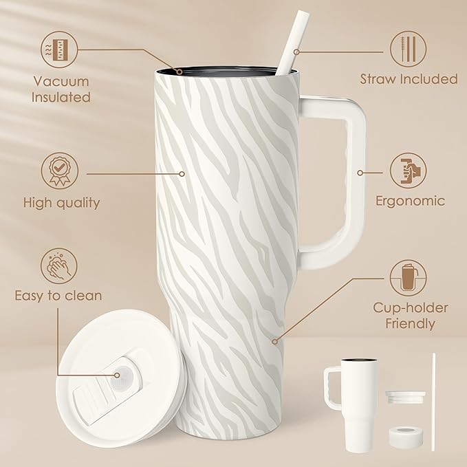 SANDJEST Zebra Skin 40oz Slider Tumbler with Handle and Straw - Insulated Stainless Steel Travel Coffee Mug for Women Girls, Gift for Birthday, Christmas
