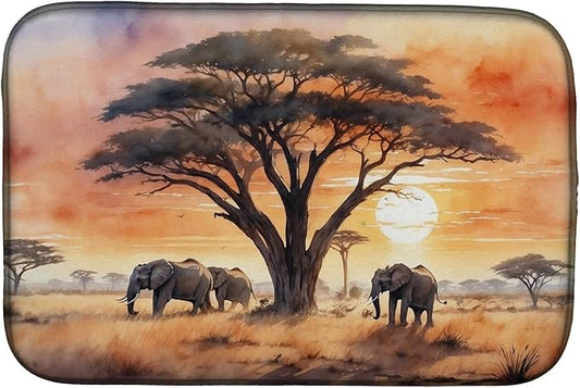 Caroline's Treasures Elephants Savanna Sunrise Dish Drying Mat Absorbent Dish Drying Mat Pad for Kitchen Counter Dish Drainer Mat for Countertop, 14 x 21", Multicolor