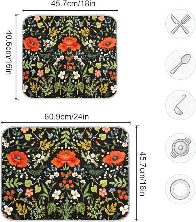 Colorful Floral Large Dish Mat Absorbent Drying Mats for Countertop 18 x 24 Inches Kitchen Dry Mat for Dishes