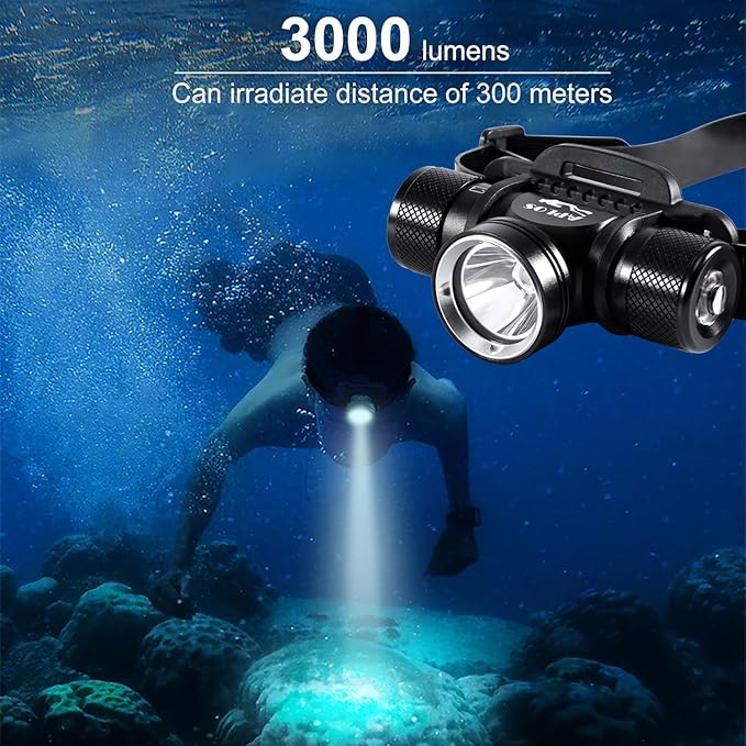 APLOS HP900 Diving Headlamp Rechargeable - 3000 Lumen Super Bright Scuba Dive Flashlight, Swimming Headlight IP68 Waterproof Professional Underwater Headlight 5 Modes for Snorkeling Caving