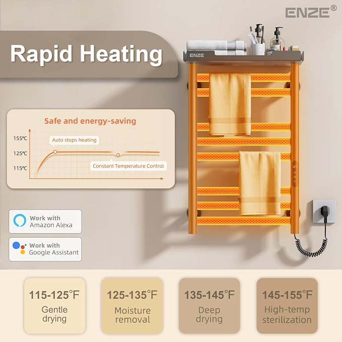 ENZE Smart Heated Towel Rack, 8-Bar Wall-Mounted Electric Towel Warmer with Shelf, Wi-Fi App Control, Adjustable Temperature & 24H Timer, Low Carbon Steel, IPX5, Plug-in/Hardwired, Gray