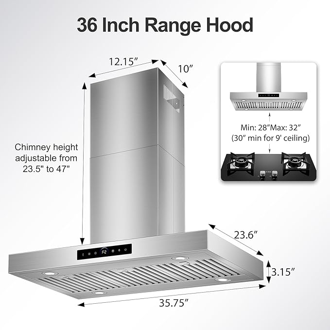 36 inch Island Range Hood Ceiling Mount 1200 CFM with 4-Speed Gesture Sensing & Touch Control, Ducted/Ductless Stainless Steel Kitchen Stove Vent Hoods with 4 LED Lights, Timer,Dishwasher-Safe Filters