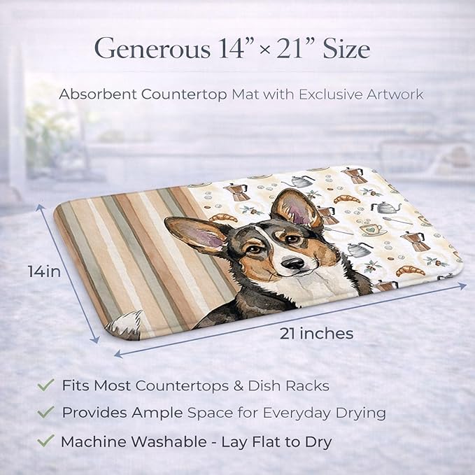 Caroline's Treasures Brindle Cardigan Welsh Corgi Coffee Bar Dish Drying Mat Absorbent Dish Drying Mat Pad for Kitchen Counter Dish Drainer Mat for Countertop, 14 x 21", Multicolor