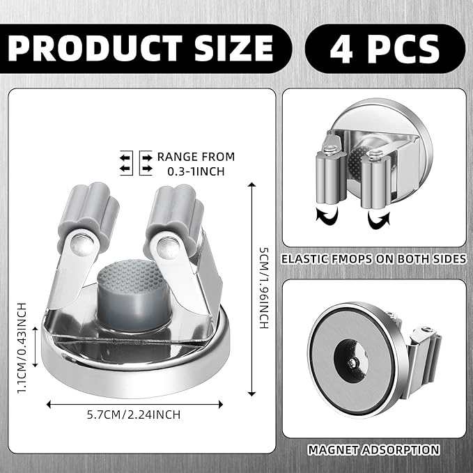 Vercraft 4 Pcs Magnetic Mop Broom Holder Movable Magnetic Broom Holder Rack, Anti Slip Wall Mounted Utility for Cleaning Tools, Garage, Kitchen, Laundry, Garden (Silver)