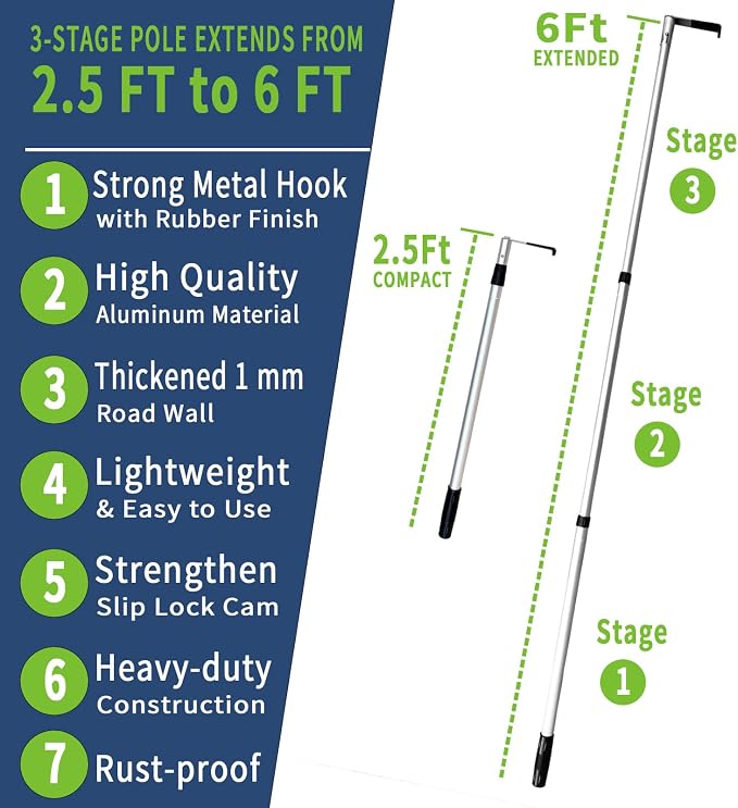 Cargo Retriever Hook, 6 ft Multi-Use Grabber Reach Tool with Debris & Snow Broom, Telescoping Pull Pole for Pickup Truck Bed, Heavy Duty Truck Bed Accessories