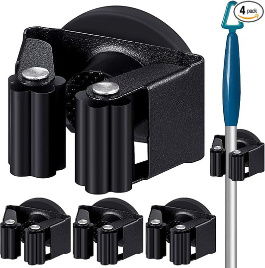Vercraft 4 Pcs Magnetic Mop Broom Holder Movable Magnetic Broom Holder Rack, Anti Slip Wall Mounted Utility for Cleaning Tools, Garage, Kitchen, Laundry, Garden (Black)
