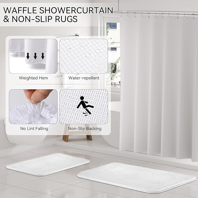 White Bathroom Set, White Bathroom Accessories Set with Shower Curtain and Rugs, Bath Towel Set, Natural Loofah Sponge, Soap Dispenser, Toothbrush Holder, Bathroom Tumbler and Tray for Bathroom