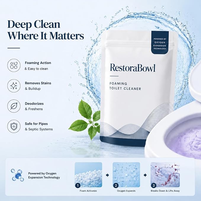 RestoraBowl Toilet Bowl Cleaner Foam, Bathroom Cleaning Powder for Daily Use, Oxygen-Based Fast Dissolving Formula, Helps Remove Stains & Maintain Freshness, 3.53 Oz.