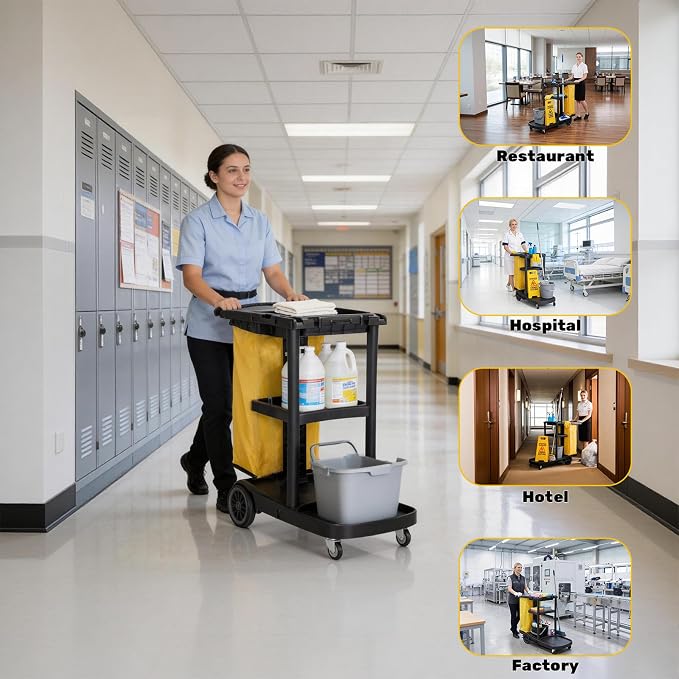NORTHSKY Janitorial Cart, 3-Shelf Cleaning Carts on Wheels,Commercial Traditional Plastic Housekeeping Cart with 2 Yellow Vinyl Bag and 2 Pair of Rubber Gloves (Matte Black)