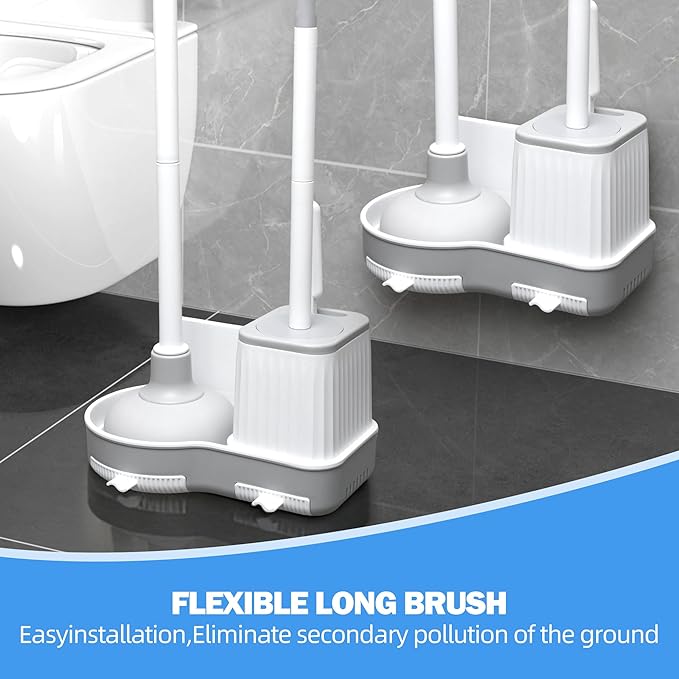 2 Pack Toilet Brush and Plunger Set, 3 in 1 Toilet Bowl Brush and Holder with Crevice Cleaning Brush Wall Mounted Household Bathroom Cleaning Tools Combo (2 Pack)