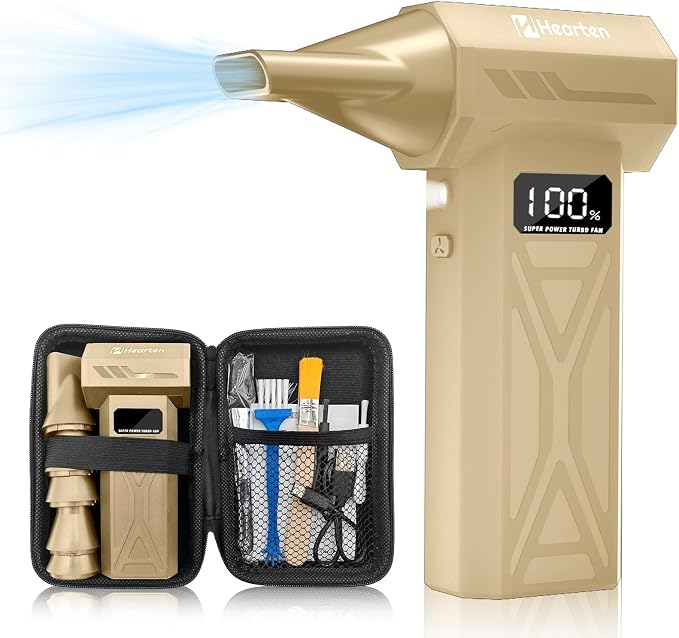 Mini Portable Compressed Air Duster Rechargeable, Electric Cordless Air Blower Gun with LED Light and Case, Computer Keyboard PC Cleaner, Gold