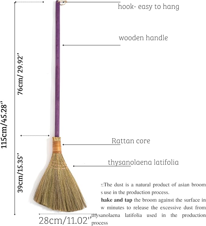 Vietnamese Straw Soft Broom - Sweeping Broom with Purple Wooden Handle for Cleaning, Decoration, Wedding with 45.28inch Length