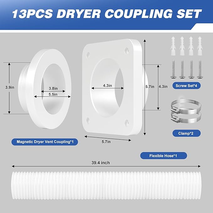 Magnetic Dryer Vent Connector, DV180 Airtight Seal Dryer Vent Coupling Kit with 4" 3.3ft Duct, Easy to Clean