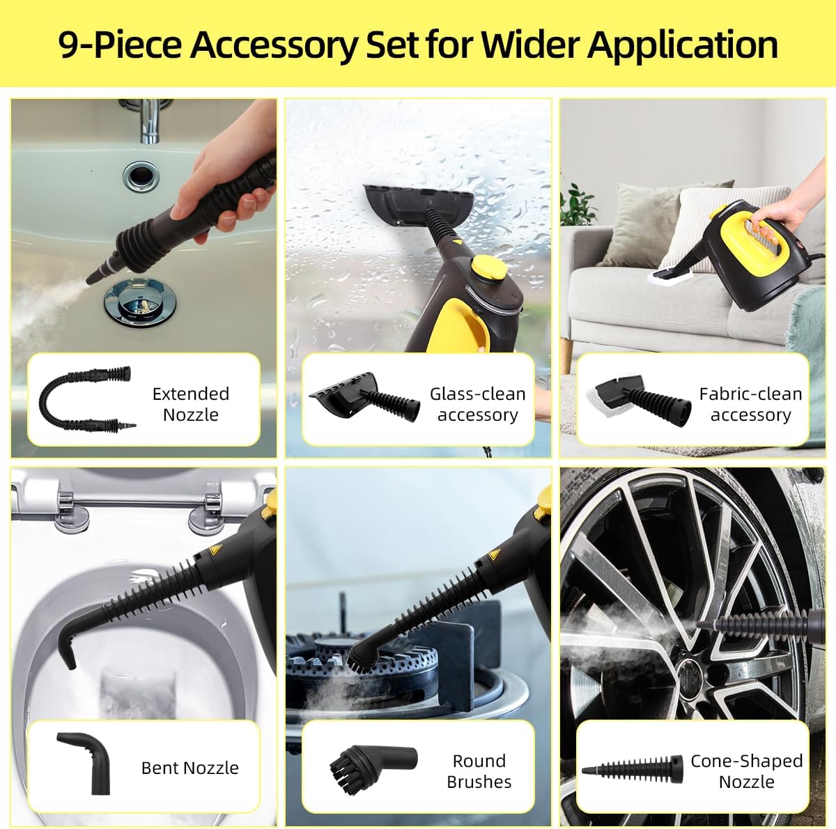 Handheld Steam Cleaner with 9 pcs Accessories Multi Surface Steam Cleaner for Home 530ml Natural Multi Purpose Steamer for Cleaning Grime, Grease，Floor, Upholstery, Grout and Car