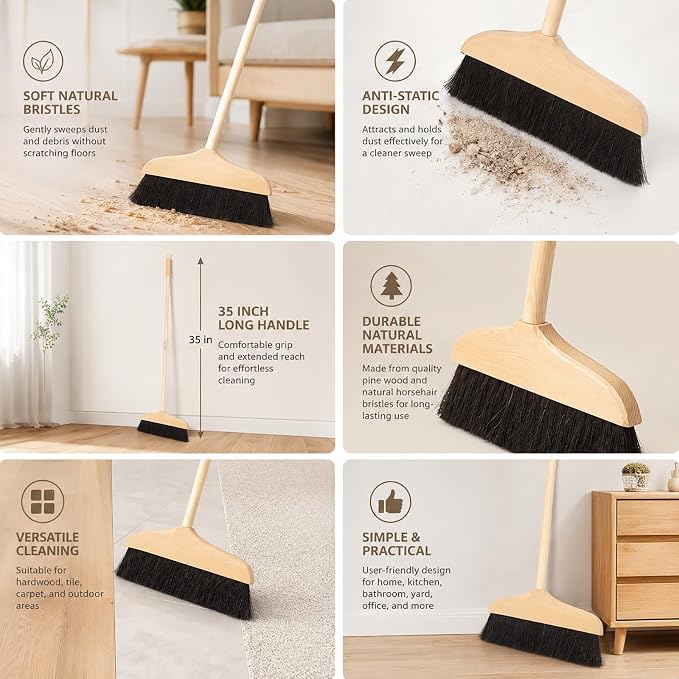 Mikikit Horsehair Broom with Long Handle Soft Bristle Sweeper Wooden Broom Indoor for Hardwood Floors Carpets Home Kitchen Office Pet Hair Cleaning