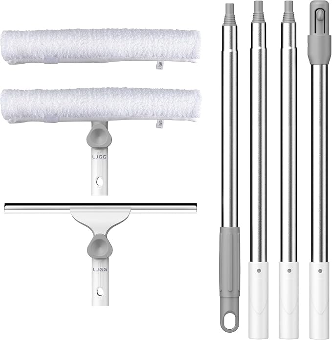 Window Cleaning Squeegee Kit, 14" Silicone Blade and Microfiber Scrubber with 54" Aluminum Handle, 2-in-1 Rotating Window Cleaner for Glass Doors, Shower, Mirrors and Home Windows – LJGG (Gray/White)