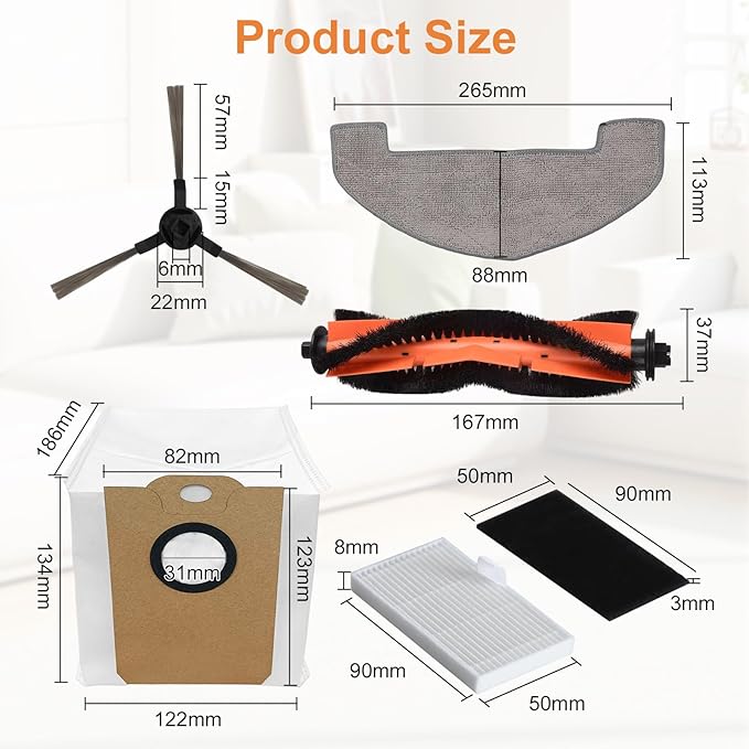 34pcs Vacuum Parts For MONSGA MS1 MAX Vacuum Cleaner Parts, Main Side Brush, Filter, Mop Cloth, 3.3L Capacity Dust Bag Replacement Kit For MONSGA Cleaner Accessories