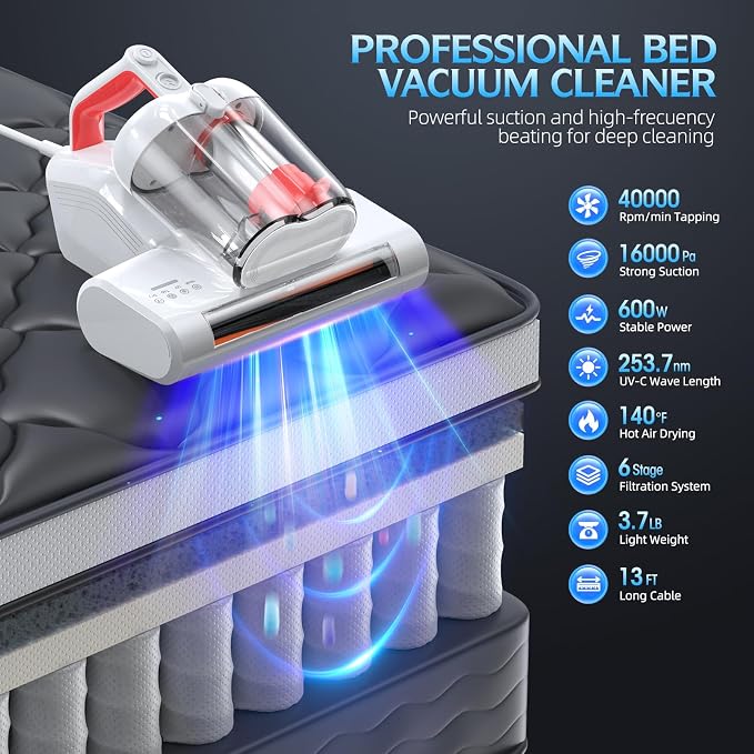 Mattress Vacuum Cleaner, 16Kpa 600W Bed Vacuum Cleaner with 253.7nm UV-C Light & Heating Tech & 40000 RPM/Min Brushroll Rotation, Widened Suction Port, Corded