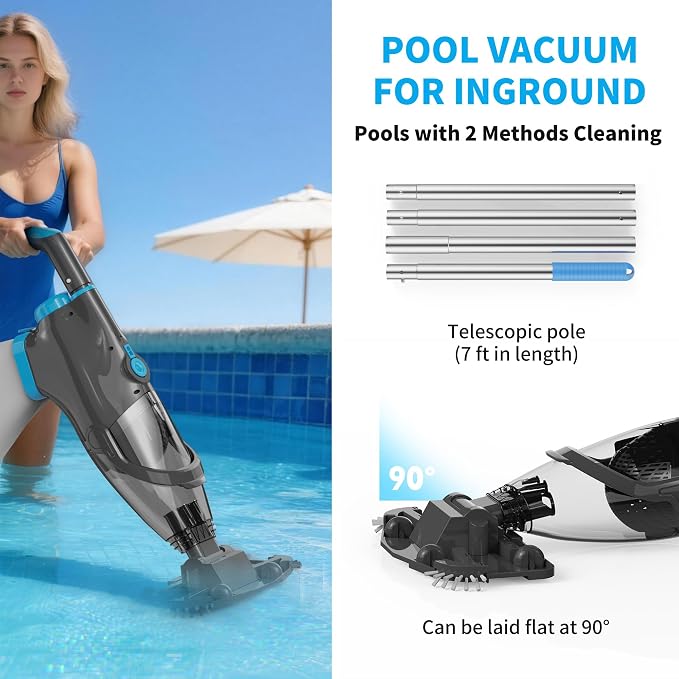 2026 Upgraded Pool Vacuum,Pool Vacuum for Above Ground Pool,Cordless Handheld Pool Vacuum for Inground Pools,Pool Cleaner with 18.5 GPM Suction,Hot Tub Vacuum With Aluminum Pole for Sand&Debris