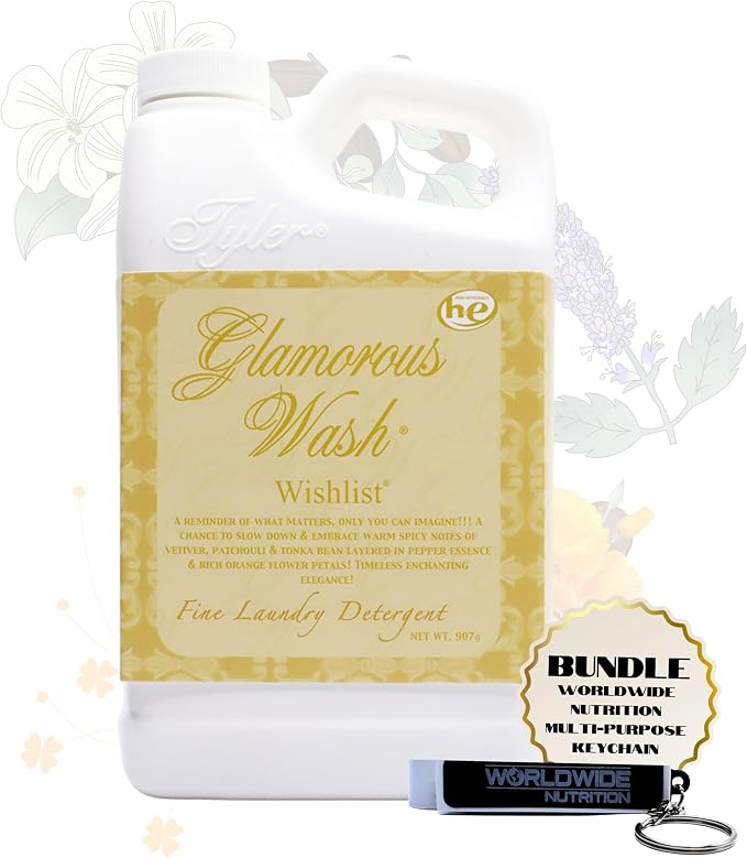 Worldwide Nutrition Bundle: Tyler Candle Company Glamorous Wash Wishlist Scent Fine Laundry Liquid Detergent - Hand and Machine Washable - 907g (32 Fl Oz) Container and Multi-Purpose Key Chain