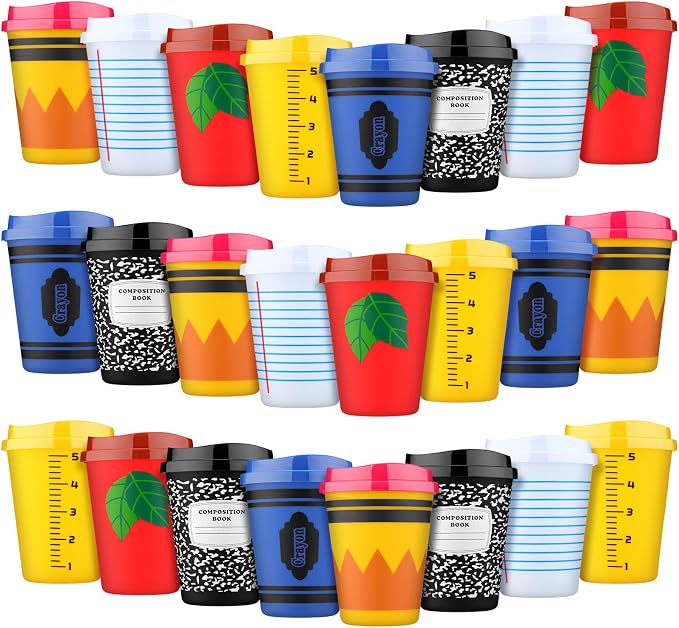 Skylety 24 Pcs Back to School Cups Bulk 12oz Classic and Pastel Style Reusable Plastic Coffee Cups with Lids First Day of School Gifts for Teachers Students Party Favors Supplies (Classic)