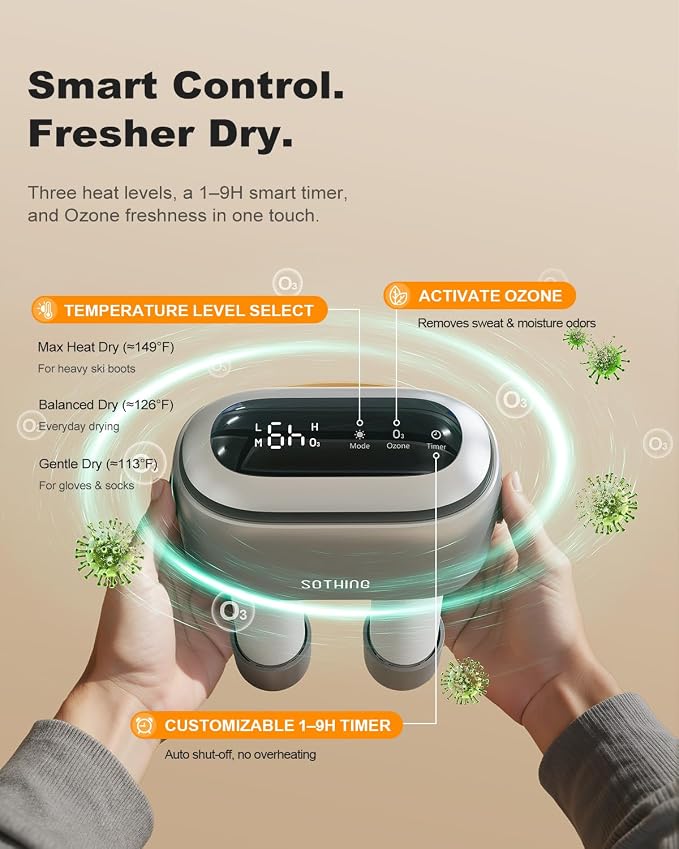 SOTHING Boot Dryer for Work Boots and Ski Boots with Ozone Odor Freshening, Portable Shoe Dryer & Glove Dryer with 11.81-Inch Extendable Hoses, 3 Heat Levels, 1–9H Timer for Sneakers and Rain Boots
