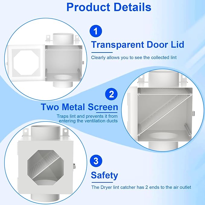 Dryer Duct Lint Trap, Metal Indoor Dryer Vent Box with 4inch 5FT Dryer Vent Hose, 2 Clamps, 2 Stainless Steel Mesh, Secondary Lint Trap for Electric Clothes Dryers -Complete Dryer Vent Cleaning System