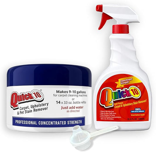 Quick 10 Carpet & Upholstery Cleaner Concentrate Refill Jar - Professional Strength Stain Remover for Pet Odors, Coffee, Wine, Food & Blood – Safe for Fabric, Leather, Walls & Vinyl