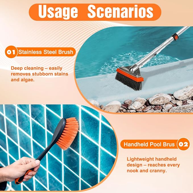 LAANPOLE 4-in-1 Pool Brush with Pole, Heavy Duty 18" Pool Brush Head, 5" Stainless Steel Brush and Hand-Held Pool Scrub Brush for Inground & Above Ground Pools, Pool Scrubber Brush with 16FT Pole