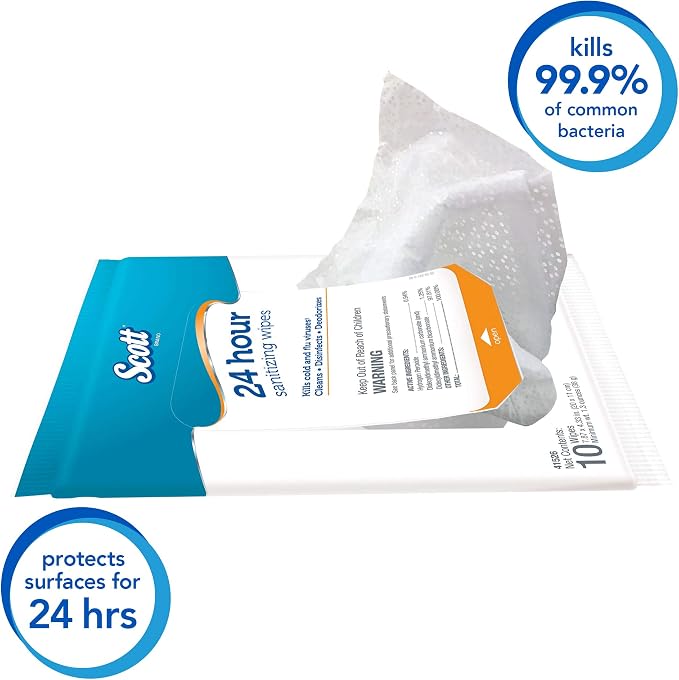 Scott 24 Hour Sanitizing Wipes – Multi-Surface Cleaning & Disinfecting, Continuous Sanitization for 24 Hours – (41526), 50 Packs x 10, 500 Wipes