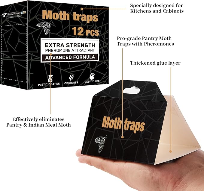 Upgraded Moth Traps, Double Potent Pantry & Clothes Traps with Pheromones Prime, No Toxic & Odorless Meal Moth Trap, Organic Sticky Moths Balls Repellent with Lure for Closet, Kitchens-12Pack