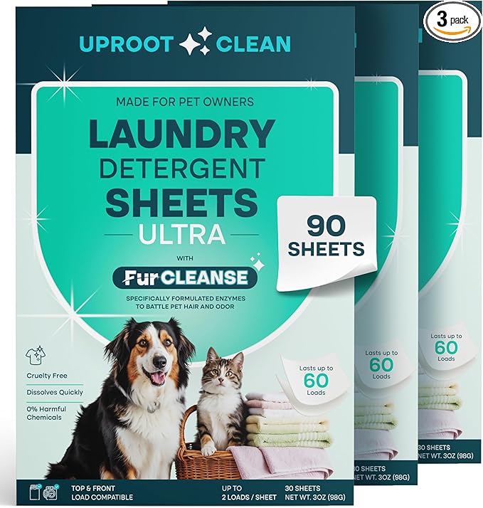 Uproot Clean Laundry Sheets Ultra - 90 Pack - Fragrance-Free: Extra-Large Enzyme-Powered Laundry Detergent Sheets Made in USA - Eliminate Clinging Fur, Pet Odors, & Messy Residue - Up to 180 Loads