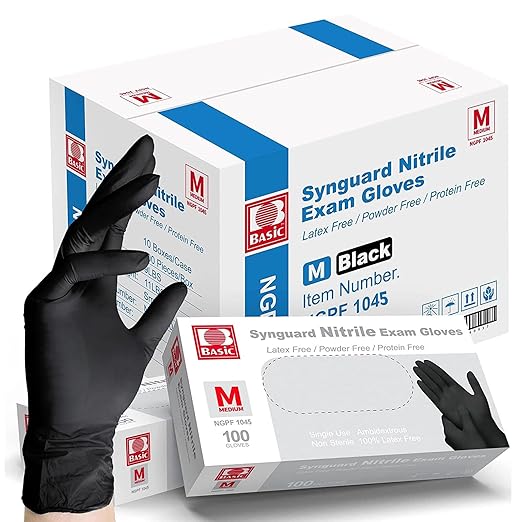 Intco Basic Medical Black Nitrile Exam Gloves 4.5 Mil - Latex-Free & Powder-Free - NGPF 1045 (Case of 1,000), Medium