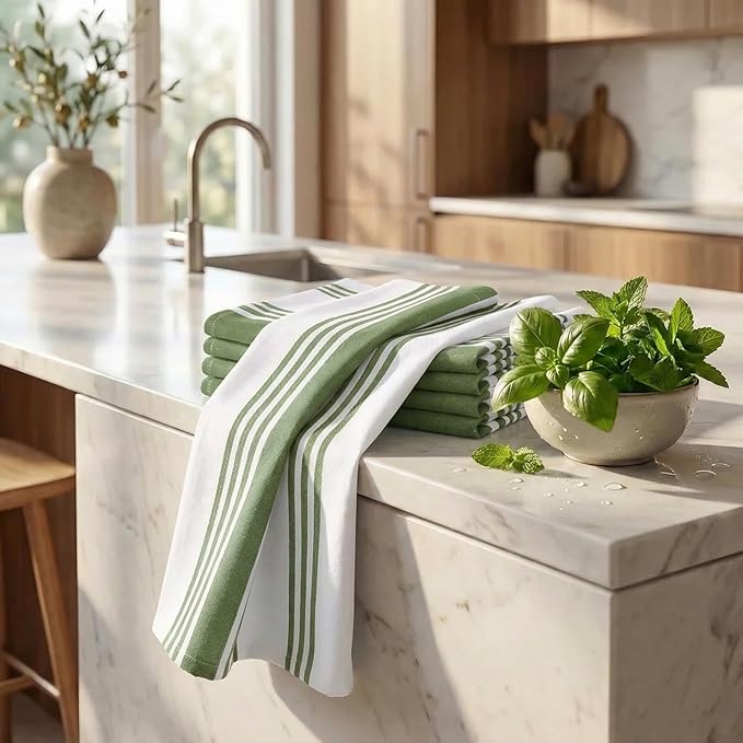 Urban Villa Kitchen Towels 100% Cotton Dish Towels for Kitchen (Set of 6)20”x30” Dish Cloths Highly Absorbent Kitchen Linen Set with Hanging Loop Perfect for Drying Dishes Cleaning Towels-Green White