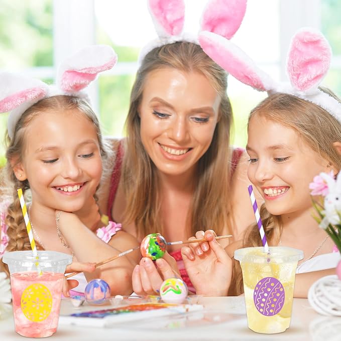 Whaline 60Pcs Easter Disposable Plastic Cups with Lids and Straws 12Oz Colorful Egg Pattern Cold Beverage Drinking Cup for Spring Holiday Birthday Party