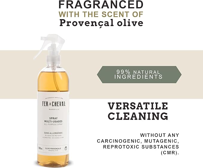 Fer à Cheval Versatile Marseille All-Purpose Spray Cleaner - Natural Provençal Olive Scent, Allergen-Free, 99% Natural Ingredients, 500ml/16.9 fl oz (Single)