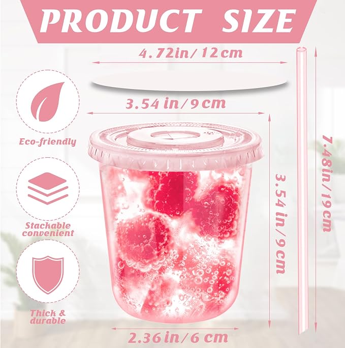 12oz Disposable Stemless Glasses with Flat Lids and Straws,PET Disposable Drinking Cups,Clear Plastic Wine Glasses for Parties Birthday,Wedding,Meeting,Christmas Party Supplies. (50, Pink)