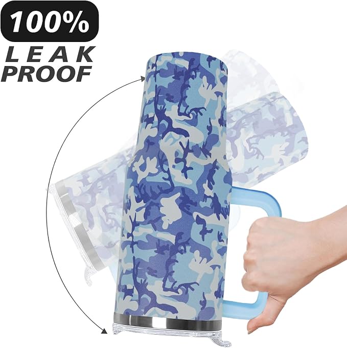Ceovfoi 40oz Blue Camo Tumbler with Handle Lid Straw, Vacuum Insulated Coffee Mug Water Bottle, Camouflage Decor Gifts for Men Women