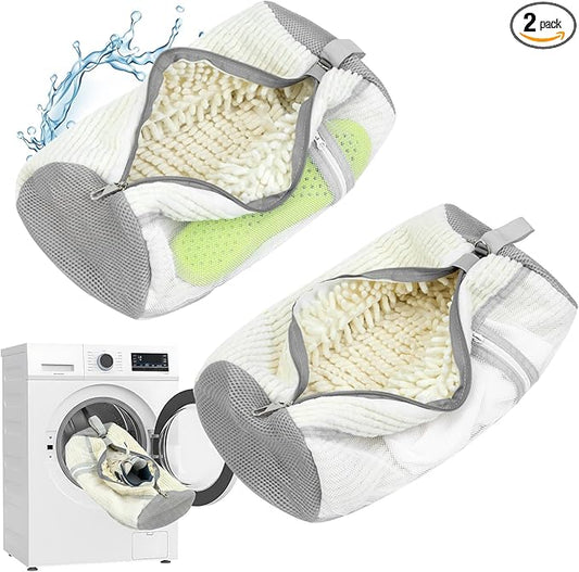 Shoe Washing Machine Bag, 2 Pack Shoe Cleaning Bag for Washer and Dryer, 360° Deep Cleaning Reusable Shoes Laundry Bags for Sneakers with Zipper Protection and Side Mesh Pouch, White